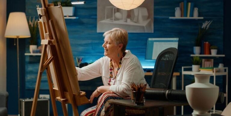 Elderly Woman Painting on Easel as Therapy at Memory Care Facility